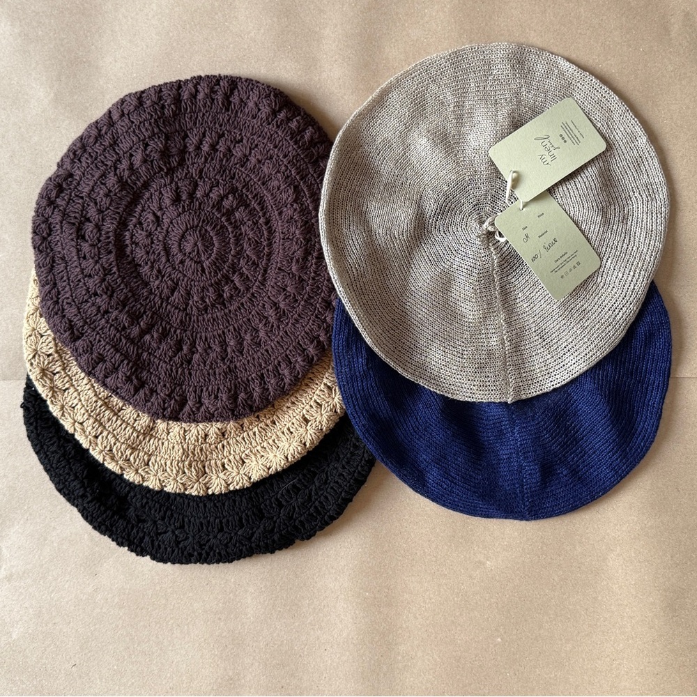 BERETS
3 Hand-Knitted Cotton - Brown, Tan, Black
2 Knitted Linen - Blue, Tan - Picture 16 of 16